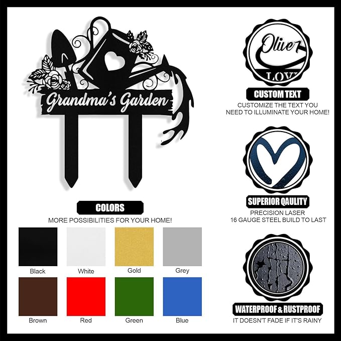 Personalized Metal Garden Signs with Stake, Custom Garden Tool Signs Decor Outside Waterproof, Customized Name Sign Yard Lawn Gardens Decor Gardening Gifts for Moms Grandmas Gardeners