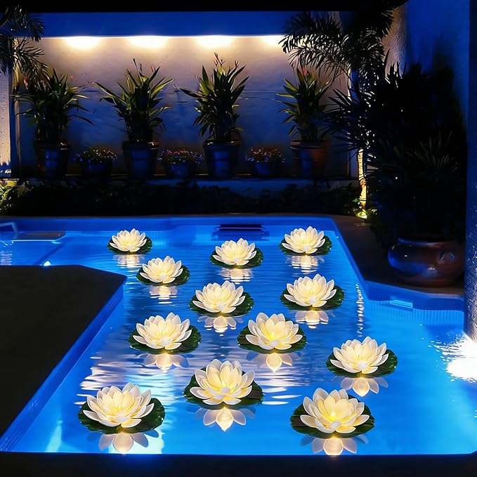 12 PCS Solar Powered Floating Lotus Lights - 7.09'' Waterproof Floating Flower Light, Solar Water Activated Pool Lotus Lamp for Garden Pond Wedding Party Decoration (White)
