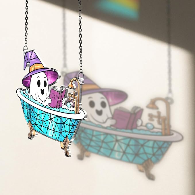 2 Boo Bathtub Acrylic Suncatchers, Gothic Cute Ghost Reading Book Window Hanging 6" Ornaments, Halloween Horror Home Decor Witch Handmade Wall Art, Gift for Women Mom Friends Family