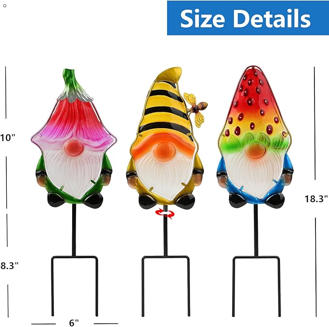 LEGIFO Garden Decor Gnomes Stakes Set of 3, Metal & Glass 18.3″, Outdoor Gnome Stake for Backyard Lawn Decor, Funny Yard Art Decorations for Mom Grandma Women Mother’s Day