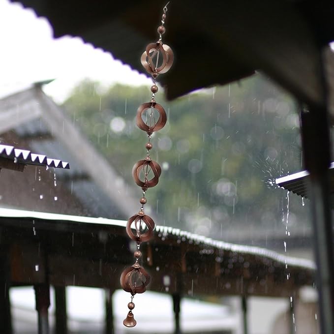 SamFansar 42.52 Inch Hanging Rain,Chain Rotating Fretwork Beads with Bell Rain Catcher for Gutters,Metal Drainage Rain Chain Pendant Downspout Tool for Outside, Decorative Your House and Garden Brown