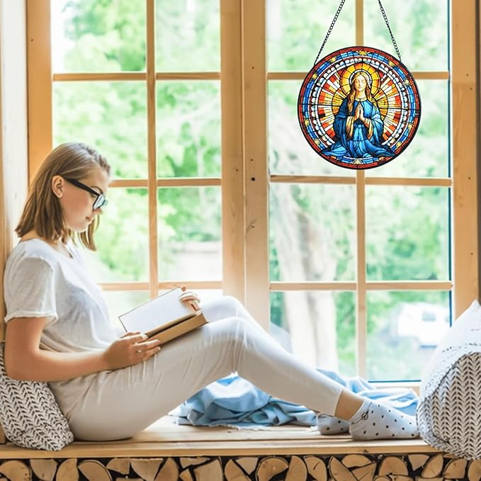 Virgin Mary Stained Glass Window Hanging, 8''/20CM Virgin Mary Suncatchers for Windows Christian Decorative Hanging Ornaments Stained Glass for Chirstmas Suncatcher Window Panel Gift Home Decor