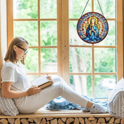Virgin Mary Stained Glass Window Hanging, 8''/20CM Virgin Mary Suncatchers for Windows Christian Decorative Hanging Ornaments Stained Glass for Chirstmas Suncatcher Window Panel Gift Home Decor