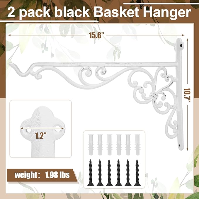 Landhoow 2 Pcs 15.6" Large Cast Iron Hanging Outdoor Wall Hanger White Heavy Duty Basket Hook Braces Vintage Decorative Shelf Garden Planter Flower Hook for Pot Lantern Wind Chime Hummingbird Feeder