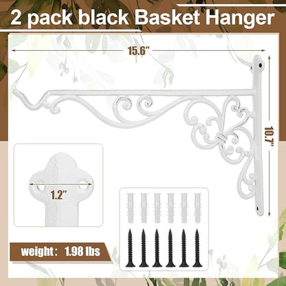 Landhoow 2 Pcs 15.6" Large Cast Iron Hanging Outdoor Wall Hanger White Heavy Duty Basket Hook Braces Vintage Decorative Shelf Garden Planter Flower Hook for Pot Lantern Wind Chime Hummingbird Feeder