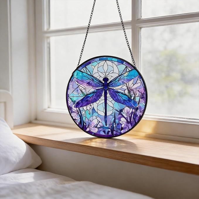 Stained Glass Sun Catcher,A Blue DragonflyStained Glass Window Hanging Garden Decor,Sun Catchers Indoor Window,Whimsical Decoration for Home Backyard Patio Lawn Porch with 6.3 INCH
