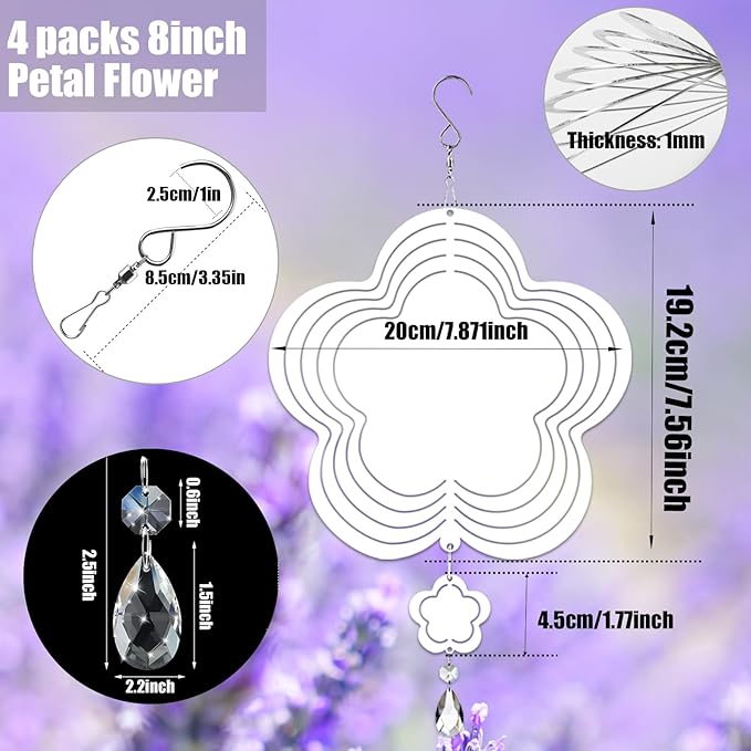 4Pack 8inch Sublimation Wind Spinner Blanks 3D Aluminum Metal Wind Sculpture Kinetic Spinners for Yard and Garden Indoor Art Ornaments Hanging Decoration (Petal Flower)