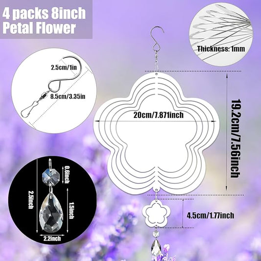 4Pack 8inch Sublimation Wind Spinner Blanks 3D Aluminum Metal Wind Sculpture Kinetic Spinners for Yard and Garden Indoor Art Ornaments Hanging Decoration (Petal Flower)