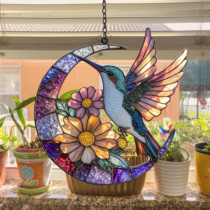Floral Hummingbird Acrylic Suncatcher Stained Glass Effect Window Car Hanging Christmas Ornament Indoor Outdoor Decor Garden Sun Catcher Panel for Hummingbird Lover for Women Mom Grandma