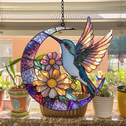 Floral Hummingbird Acrylic Suncatcher Stained Glass Effect Window Car Hanging Christmas Ornament Indoor Outdoor Decor Garden Sun Catcher Panel for Hummingbird Lover for Women Mom Grandma