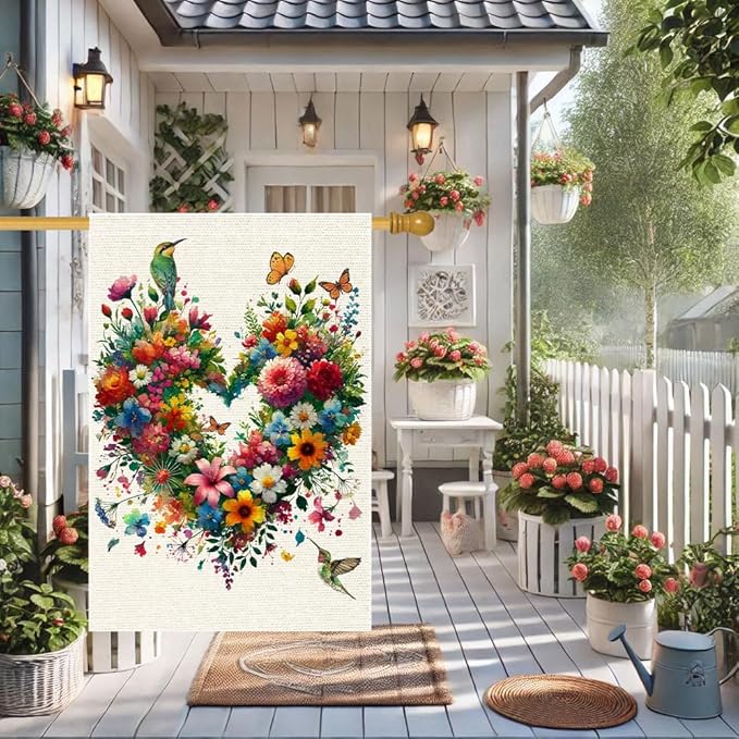 Colorful Floral Love Hearts Garden Flag 28X40 Inch Double Sided Small Burlap Birds Flowers Butterflies Outdoor Decorations Spring Summer Garden Flags Patio Yard Outside Decor