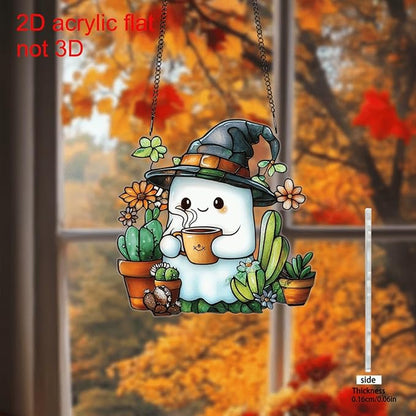 Halloween Cute Ghost Suncatcher,Fun Decoration Plant Light Sun Catcher，Acrylic Window Hanging Indoor Outdoor for Family Art Wall Decor，Women Friends Neighbor Halloween Party Gift 7.8inch