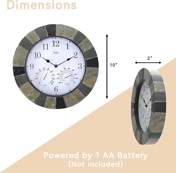 Lily's Home Hanging Wall Clock, Includes a Thermometer and Hygrometer and is Ideal for Indoor and Outdoor Use, Faux-Slate (10 Inches)