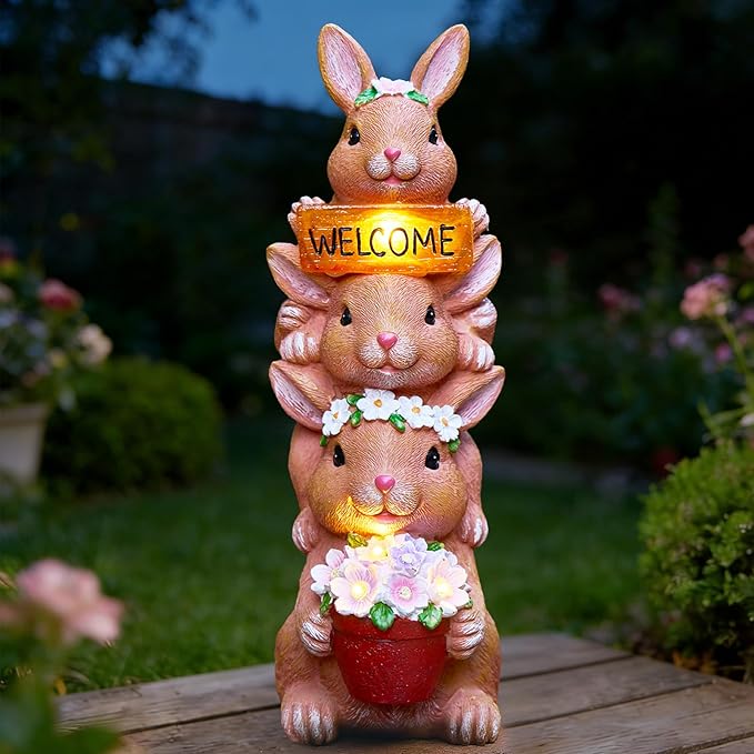 Solar Bunny Statues Outdoor Decor, Garden Sculptures with Welcome Sign Funny Rabbit Figurines for Yard Art Lawn Ornaments Porch Patio Balcony - Birthday Gifts for Women Mom Grandma