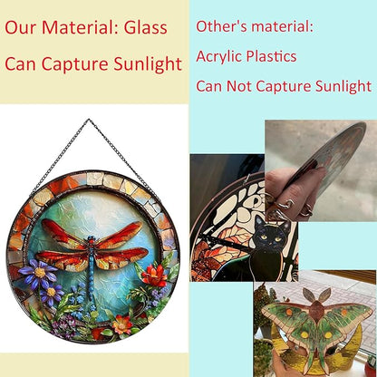 Dragonfly and Flower Suncatcher Stained Glass,Hanging Stained Glass Suncatcher for Windows,20cm/7.87inch Hand-Painted Sun Catcher Garden Hangings Halloween Fall Christmas Decor for Home