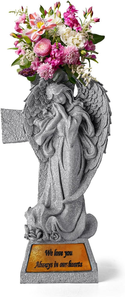 JFHEDY Angel Garden Statue Outdoor Decor, Grave Decorations for Cemetery, Solar Angel Garden Figurines Gifts for Mom Grandma or Cemetery Decorations for Grave Garden Memorial Stones