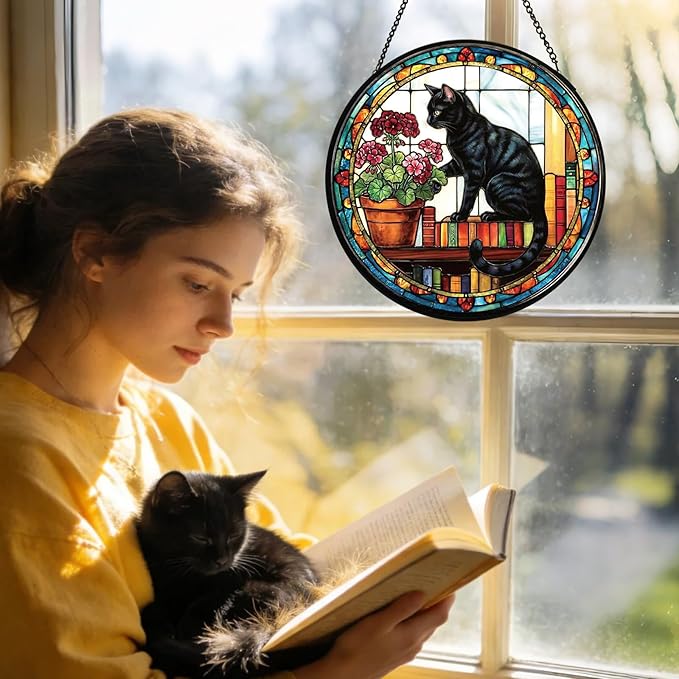 Stained Glass Window Hanging, Black Cat Themed Stained Glass Suncatcher, Window Decor, Black Cat Design Decorative Gift for Women, Couples, Best Friend, Family, Colleague, Classmate 7.8 Inch