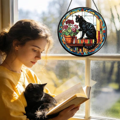 Stained Glass Window Hanging, Black Cat Themed Stained Glass Suncatcher, Window Decor, Black Cat Design Decorative Gift for Women, Couples, Best Friend, Family, Colleague, Classmate 7.8 Inch