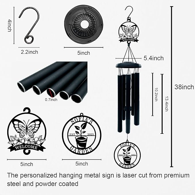 Personalized Wind Chime with Welcome Garden Sign, Custom Wind Chime for Mom Grandma