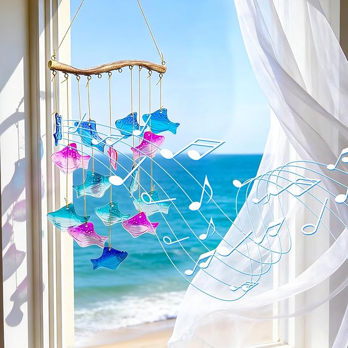 28.5" Blue Glass Sea Wind Chimes for Outdoor, Handcrafted Fish Wind Chimes for Outside, Small Unique Suncatcher Hanging Windchimes for Garden Patio Yard Beach Party Wedding Decor Women Gift