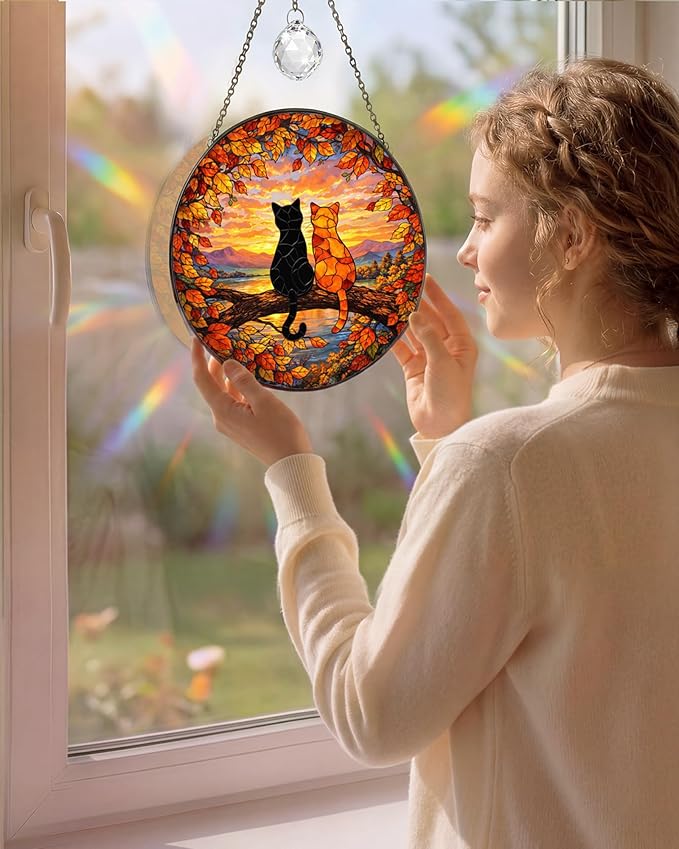 Stained Glass Window Hanging Sun Catcher 7.8 Inch, 2 Cats on a Tree Branch Suncatcher for Home Decor, Birthday Gifts for Women, Gifts for Cat Lovers (Cat Silhouette)