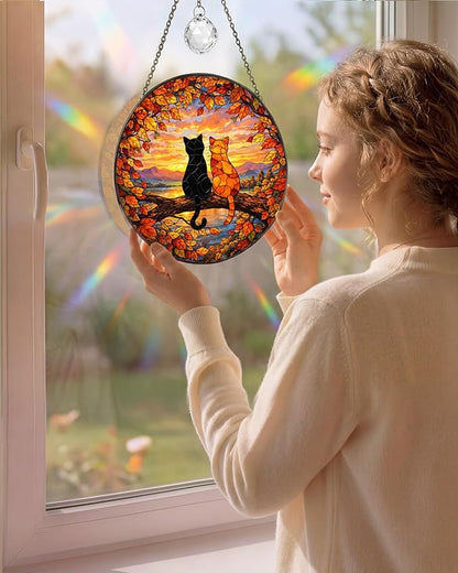 Stained Glass Window Hanging Sun Catcher 7.8 Inch, 2 Cats on a Tree Branch Suncatcher for Home Decor, Birthday Gifts for Women, Gifts for Cat Lovers (Cat Silhouette)