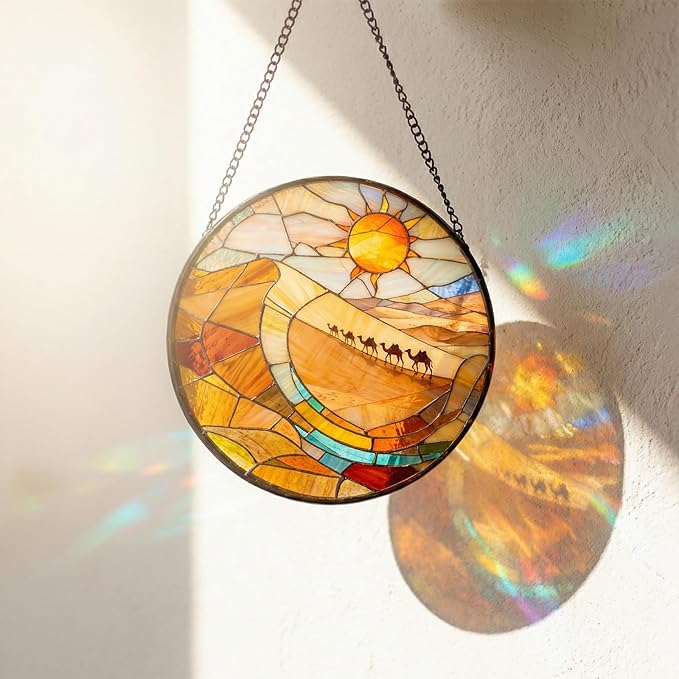 7.8 Inch Stained Glass Window Hanging Desert and Camel Suncatcher Decor for Birthday for Women, Men, Wife, Aunt, and Mom
