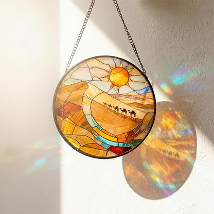 7.8 Inch Stained Glass Window Hanging Desert and Camel Suncatcher Decor for Birthday for Women, Men, Wife, Aunt, and Mom