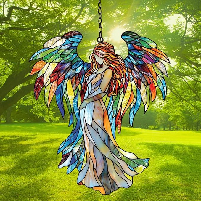 Rainbow Wing Angel Acrylic Suncatcher Stained Glass Effect Window Car Hanging Christmas Ornament Indoor Outdoor Decor Garden Sun Catcher Panel for Angel Lover for Women Mom Grandma