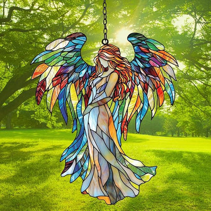Rainbow Wing Angel Acrylic Suncatcher Stained Glass Effect Window Car Hanging Christmas Ornament Indoor Outdoor Decor Garden Sun Catcher Panel for Angel Lover for Women Mom Grandma