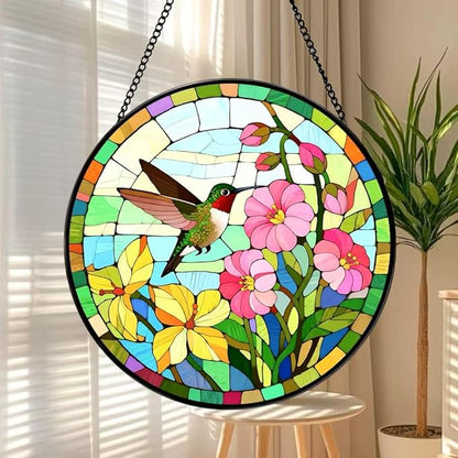 Funoasis Stained Glass Window Hanging 6.3 Inches Suncatcher - The Hummingbird Flew to The Edge of The Flower Ornaments Sun Catcher Home Decor Women Birthday