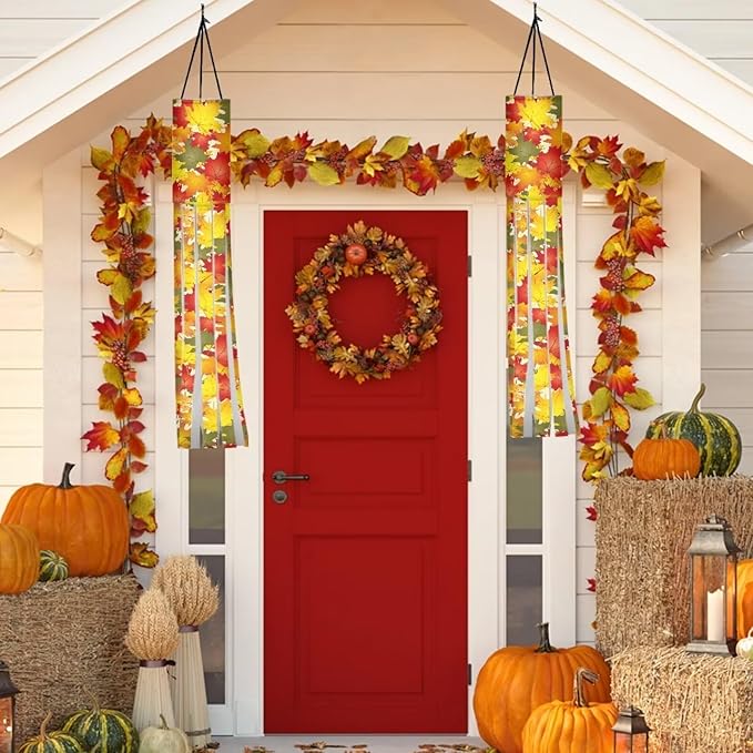 Maple Leaf Pattern Windsock Outdoor Hanging Lightweight Durable Machine Washable Wind Sock with Tails Home Garden Balcony Red Christmas Decoration