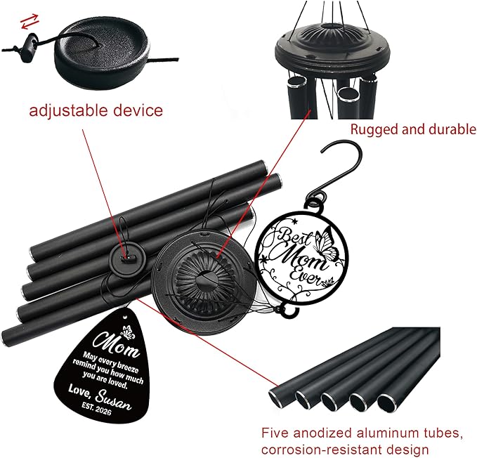 Personalized Wind Chimes for Mom Grandma Nana Mimi Gigi - Customized Mother's Day Birthday Gift from Daughter Son - Large Deep Tone Outdoor Metal Windchime for Garden Patio - Best Mom Ever Home Decor