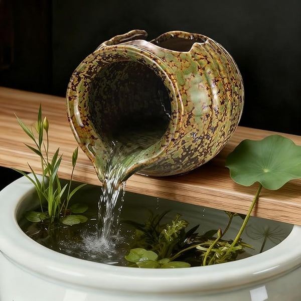 M METERXITY Ceramic Garden Fountain Spitter, Clay Pot Ecological Tank for Pond/Backyard Water Feature/Cave Waterfall/Landscaping, DIY Water Flow Jar Hydroponic Vase [5.5in, Iridescent Green]