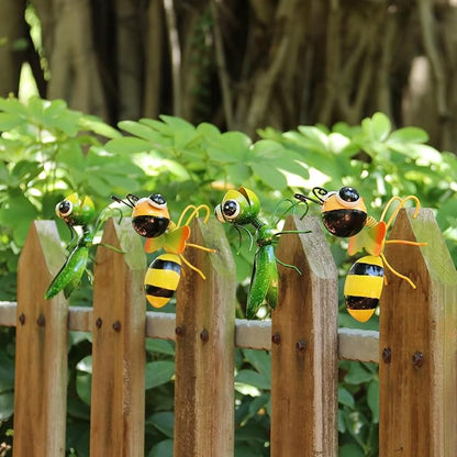 Cruis Cuka Metal Yard Art Garden Decor Cute Grasshopper & Bee Lawn Ornament Backyard Decorations Animal Hanging Flower Pot and Vase Hugger - Set of 4