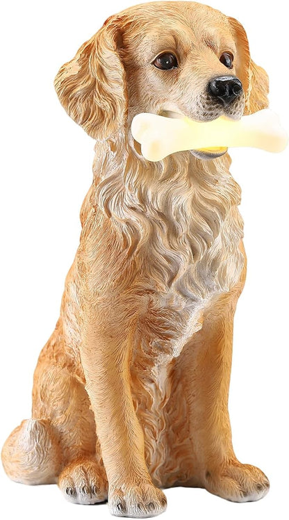 13.6" Solar Golden Retriever Garden Statue with Bone Light, Resin Sitting Dog Outdoor Decor, Waterproof Solar Powered Animal Statue for Yard, Lawn, Garden