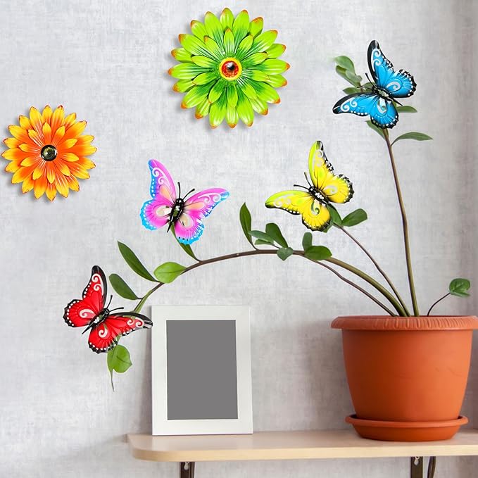 Gisafai 10 Pack Metal Flowers Wall Decor Outdoor, 3D Metal Daisy & Butterfly Fence Decor Wall Art for Garden Patio Backyard Balcony, Colorful Housewarming Birthday Mother's Day Gift(Vintage)