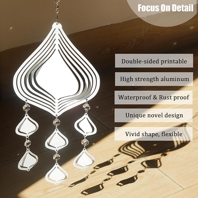 4Pack 10inch Sublimation Wind Spinner Blanks 3D Aluminum Metal Wind Sculpture Kinetic Spinners for Yard and Garden Indoor Art Ornaments Hanging Decoration (Boho Waterdrop Pendant)