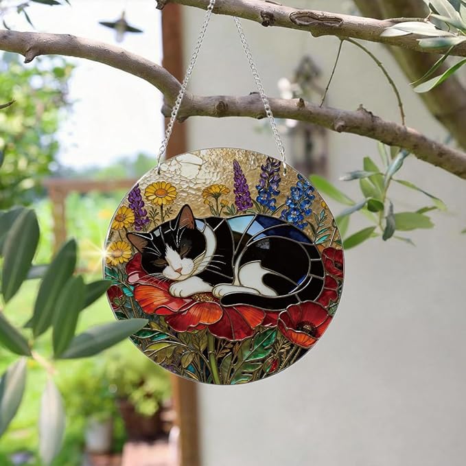 Cat Acrylic Suncatcher, Acrylic Suncatcher Window Hanging Decor, Hand-Painted Sun Catcher Garden Hangings, Cats Christmas Ornaments for Tree Hanging, Cat Lovers Gifts for Women