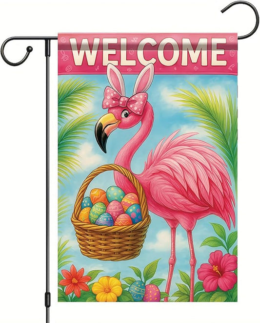Spring Easter Garden Flag 12x18 Inch Flamingo Bunny Welcome Egg Basket Tropical Floral Design Outdoor Yard Porch Lawn Garden for Seasonal Farmhouse Home Decor