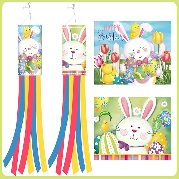 NOVWANG 40 Inch Bunny Easter Windsock - 2 Pcs Spring Windsocks for Yard, Garden, Patio, Balcony - Outdoor Hanging Decorations