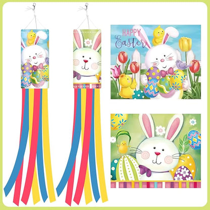 NOVWANG 40 Inch Bunny Easter Windsock - 2 Pcs Spring Windsocks for Yard, Garden, Patio, Balcony - Outdoor Hanging Decorations