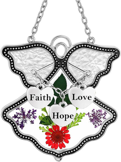 KY&BOSAM Angel Suncatcher Faith Hope Love Stained Glass Suncatchers for Windows Hangings Wind Chimes with Pressed Real Flowers and Heart Charm Engraved Birthday Gifts for Mom Mothers Day Christmas