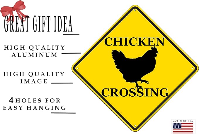 Rogue River Tactical Funny Metal Warning Chicken Crossing XING Tin Sign Wall Décor Man Cave Bar Rooster Chicks Hen