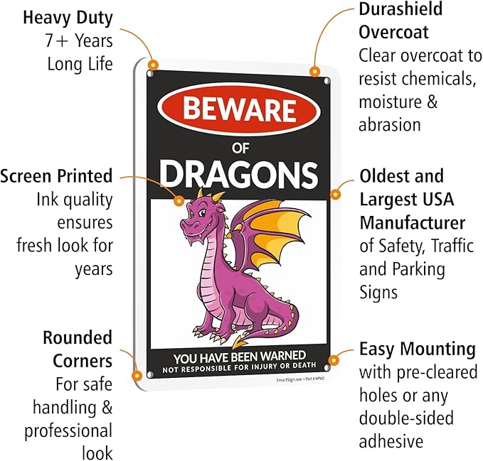 SmartSign Funny Beware Of Dragons Warning Sign - 10"x7", 40 mil Laminated Rust-free Aluminum - Metal Signs for Wall Decor, Outdoor, Patio, Gifts, Cafe - Dragon Theme, Made in USA