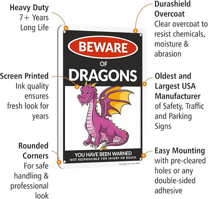 SmartSign Funny Beware Of Dragons Warning Sign - 10"x7", 40 mil Laminated Rust-free Aluminum - Metal Signs for Wall Decor, Outdoor, Patio, Gifts, Cafe - Dragon Theme, Made in USA