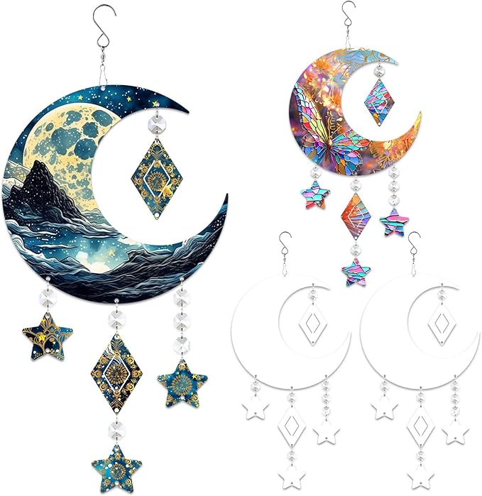 4Pack 10inch Sublimation Wind Spinner Blanks 3D Aluminum Metal Wind Sculpture Kinetic Spinners for Yard and Garden Indoor Art Ornaments Hanging Decoration (Moon)