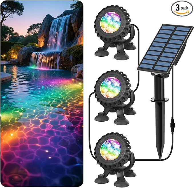 T-SUN Solar Pond Lights, 3-in-1 RGB Solar Underwater Pond Lights, IP68 Waterproof Sustainable Submersible Light for for Pond, Garden, Patio, Fountain, Pool, Waterfall Decoration