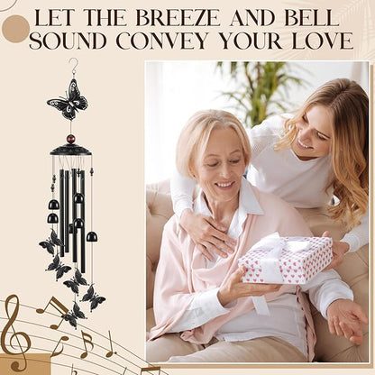 Beeveer 35" Christmas Butterfly Wind Chimes for Outside Garden Decor with 4 Aluminum Tubes and 6 Charming Bells for Patio Porch Yard Decor, Christmas Gifts for Women Mom Grandma(Black)