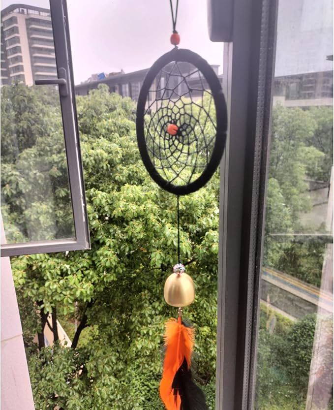 Dreamcatcher Indian Round Net Wind Chimes, Creative Black and Orange Feather Chimes for Balcony, Study, Bedroom Hanging Decoration
